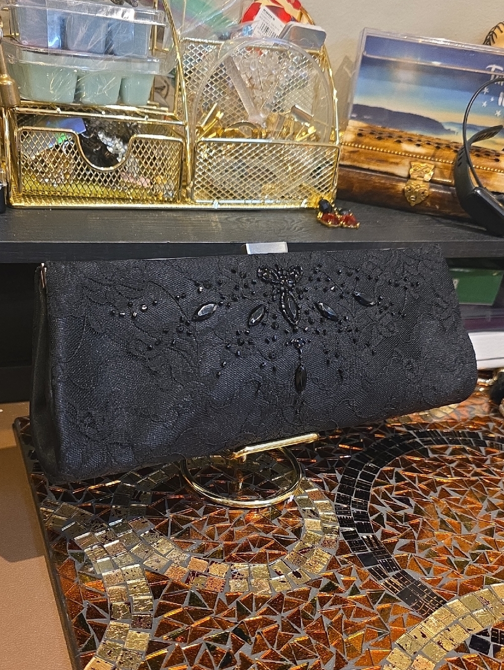 Ann Taylor Black Beaded Lace Evening Clutch